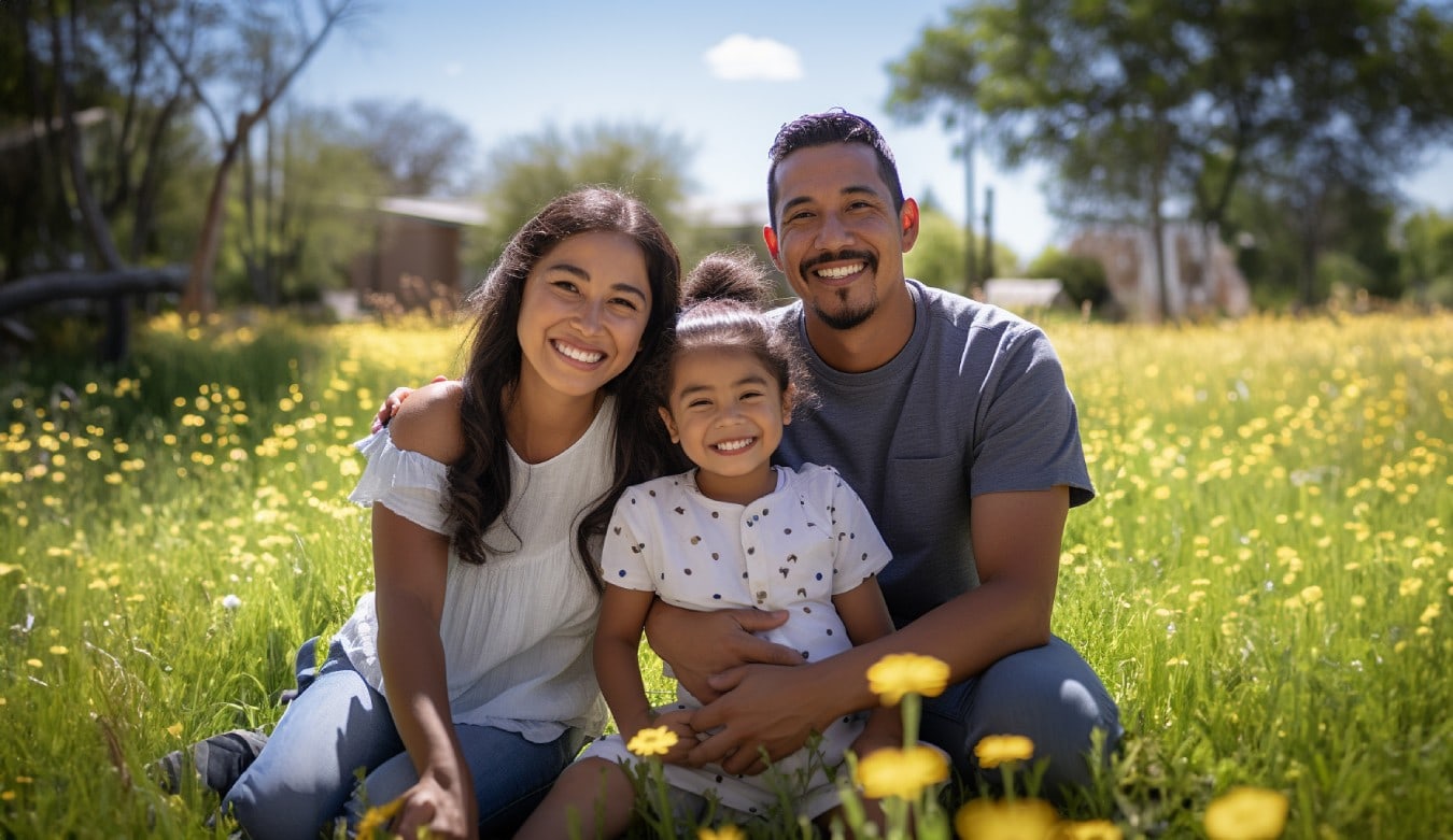 Happy family take picture on the flower filed