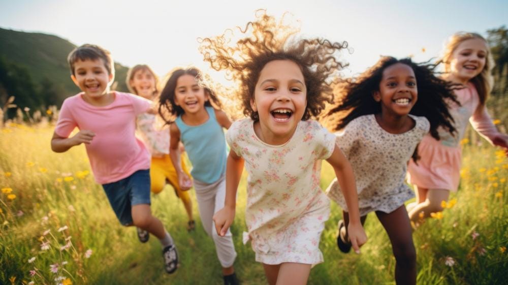Smiling kids are running on the filed